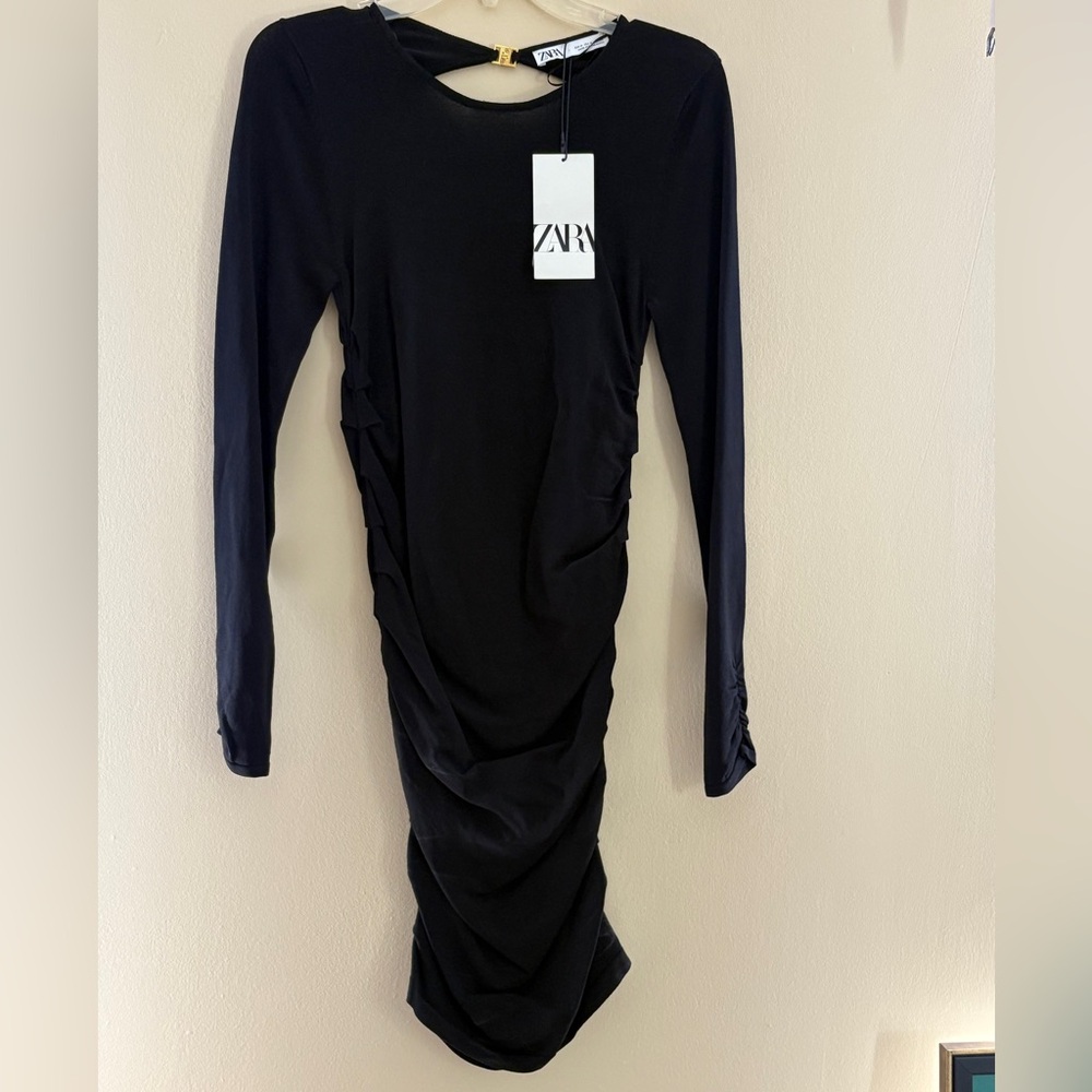 Zara Blue and Black Ruched Bodycon Dress